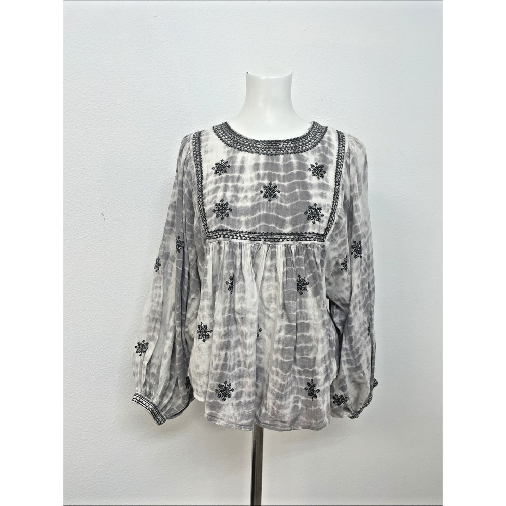 Zara Gray Tie Dye Embroidered Beaded Dolma Sleeve Peasant Top Boho Blouse Crop M